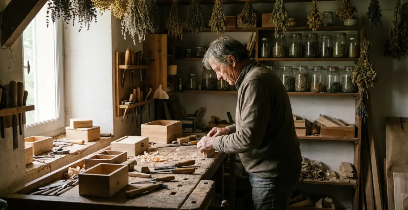 Atelier artisanal de fabrication de joints CBD avec établi en bois et herbes séchées