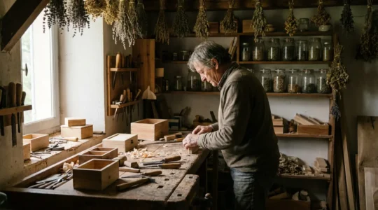 Atelier artisanal de fabrication de joints CBD avec établi en bois et herbes séchées