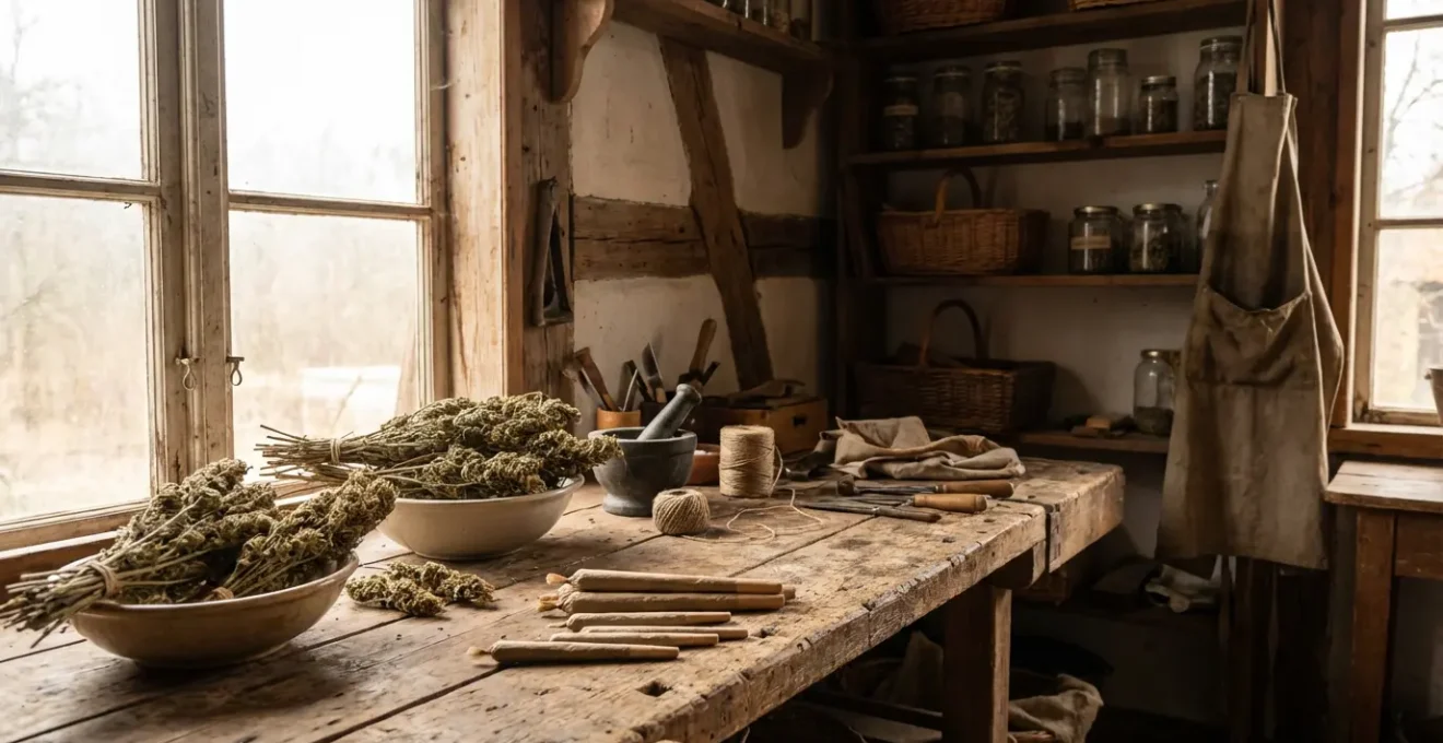 Fleurs de chanvre CBD et pré-roulés disposés sur table en bois d'atelier artisanal