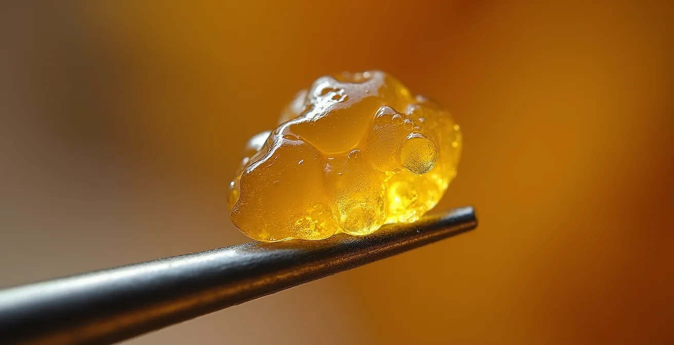 Gros plan macro sur un concentré de CBD de type rosin à la texture dorée et translucide, posé sur un outil en métal
