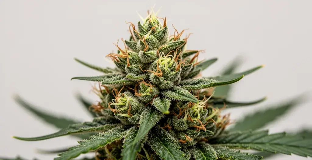 Gros plan macro sur têtes de chanvre CBD indoor montrant trichomes et texture naturelle