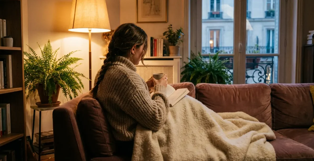 Personne se relaxant sur un canapé dans un intérieur cosy le soir
