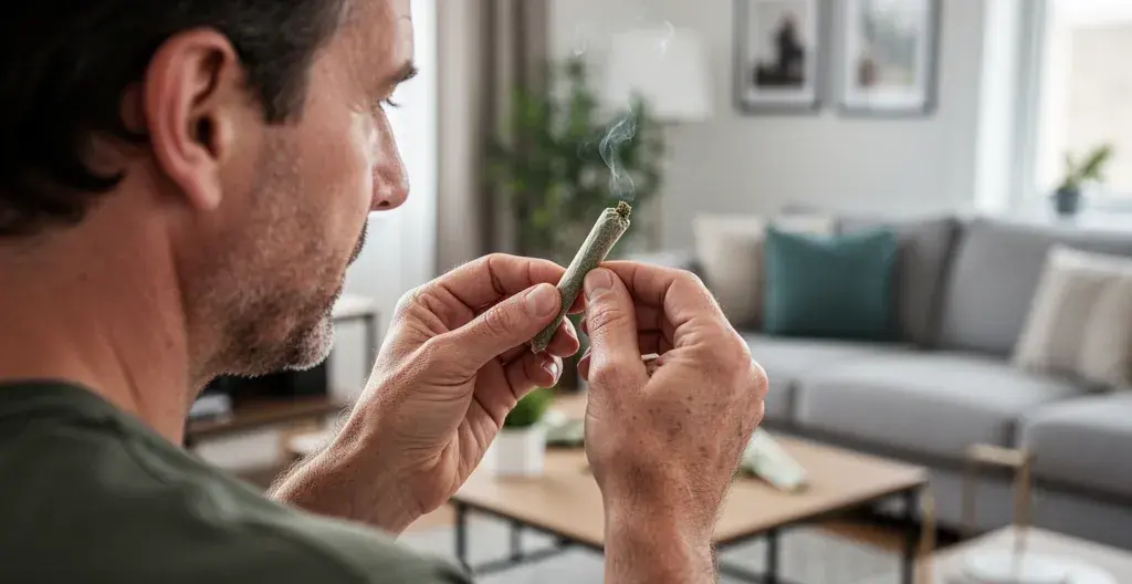 Personne examinant un pré-roulé CBD à hauteur des yeux pour inspection