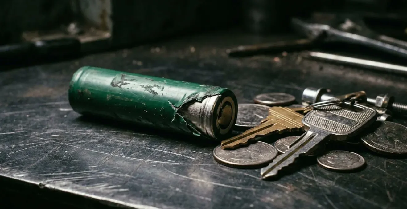 Vue macro d'un accu 18650 avec une gaine légèrement déchirée montrant le danger potentiel