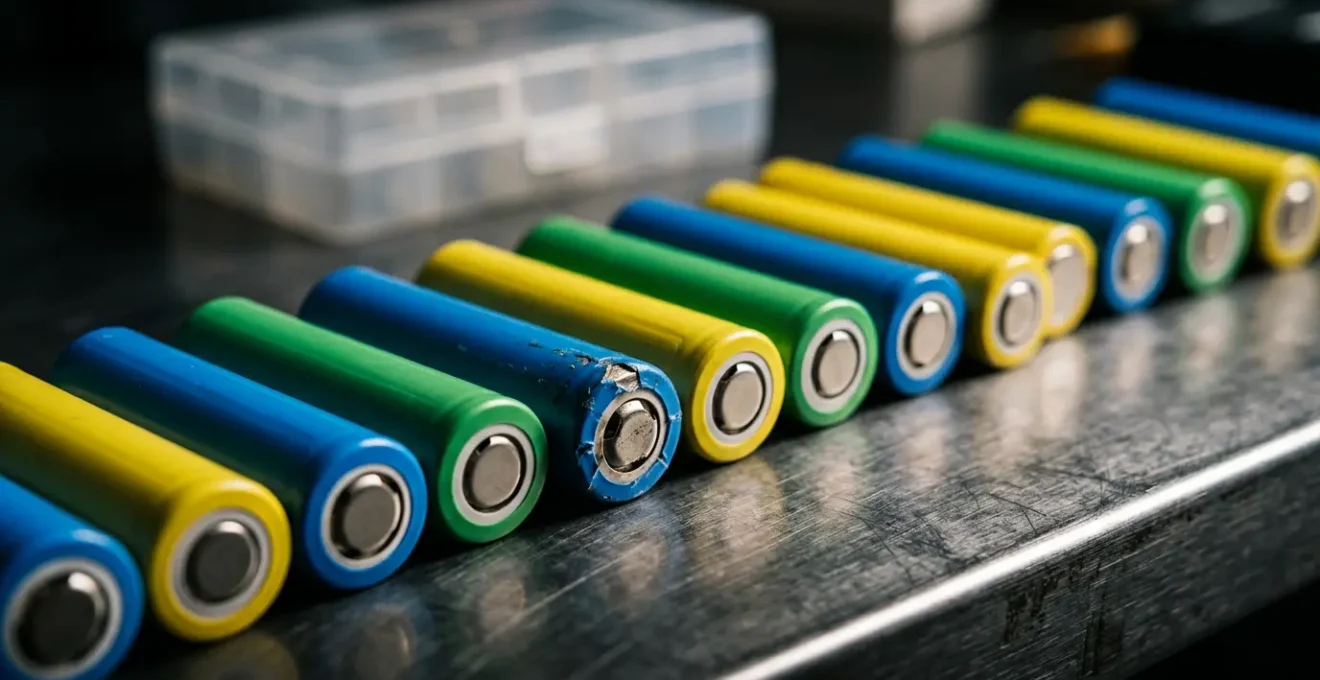 Gros plan sur des accus 18650 avec gaines colorées posés sur une surface métallique, boîte de protection visible en arrière-plan
