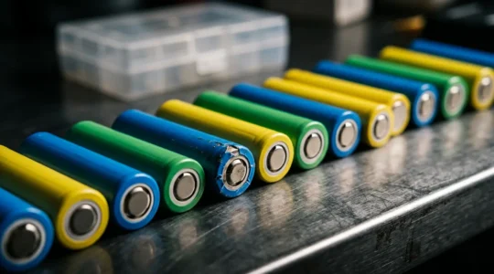 Gros plan sur des accus 18650 avec gaines colorées posés sur une surface métallique, boîte de protection visible en arrière-plan