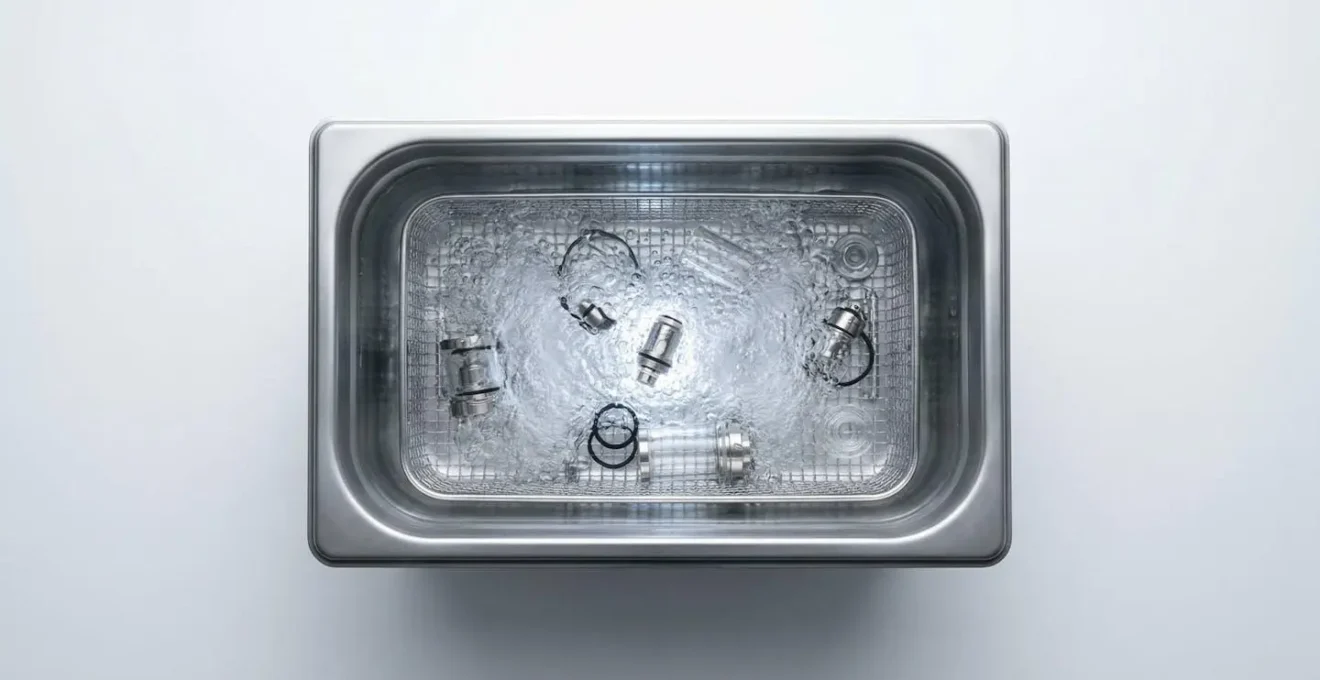 Clearomiseur immergé dans un bain à ultrasons avec micro-bulles de cavitation visibles