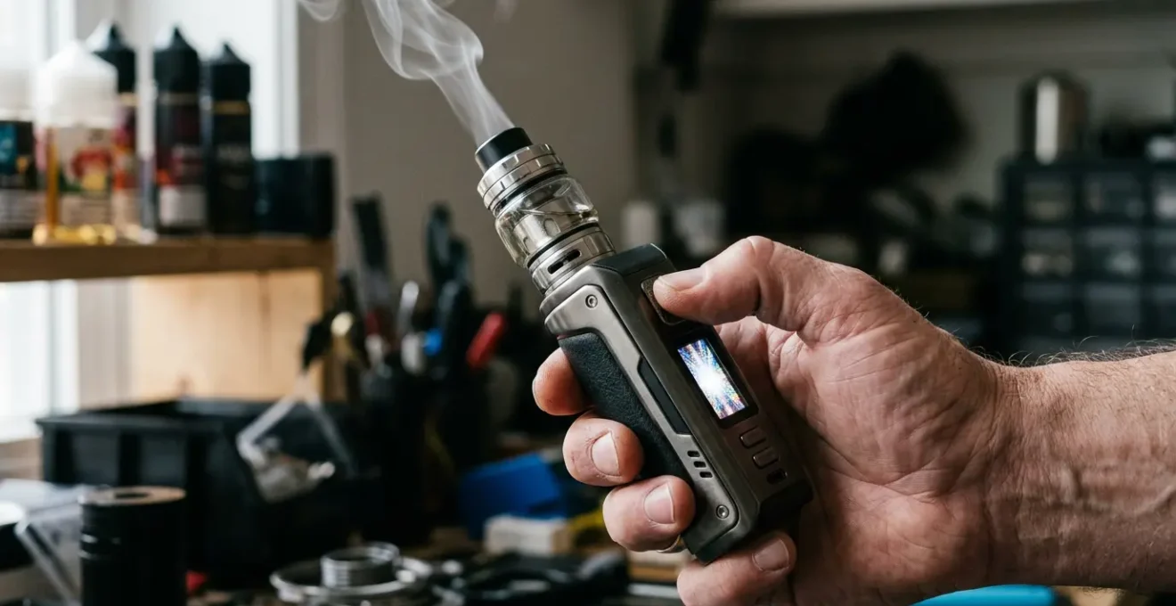 Main tenant une box électronique moderne avec atomiseur et vapeur stylisée dans un environnement professionnel