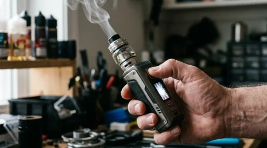 Main tenant une box électronique moderne avec atomiseur et vapeur stylisée dans un environnement professionnel