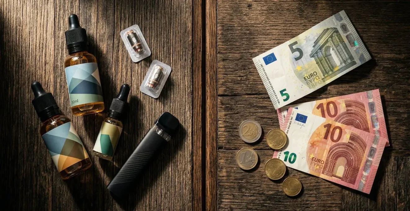 Composition artistique montrant des consommables de vapotage arrangés avec des pièces d'euros