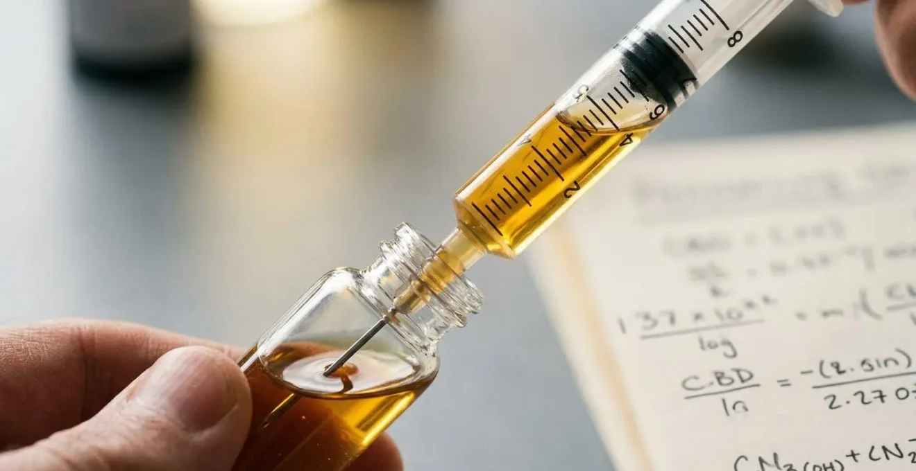 Gros plan sur une seringue graduée prélevant un booster CBD avec précision