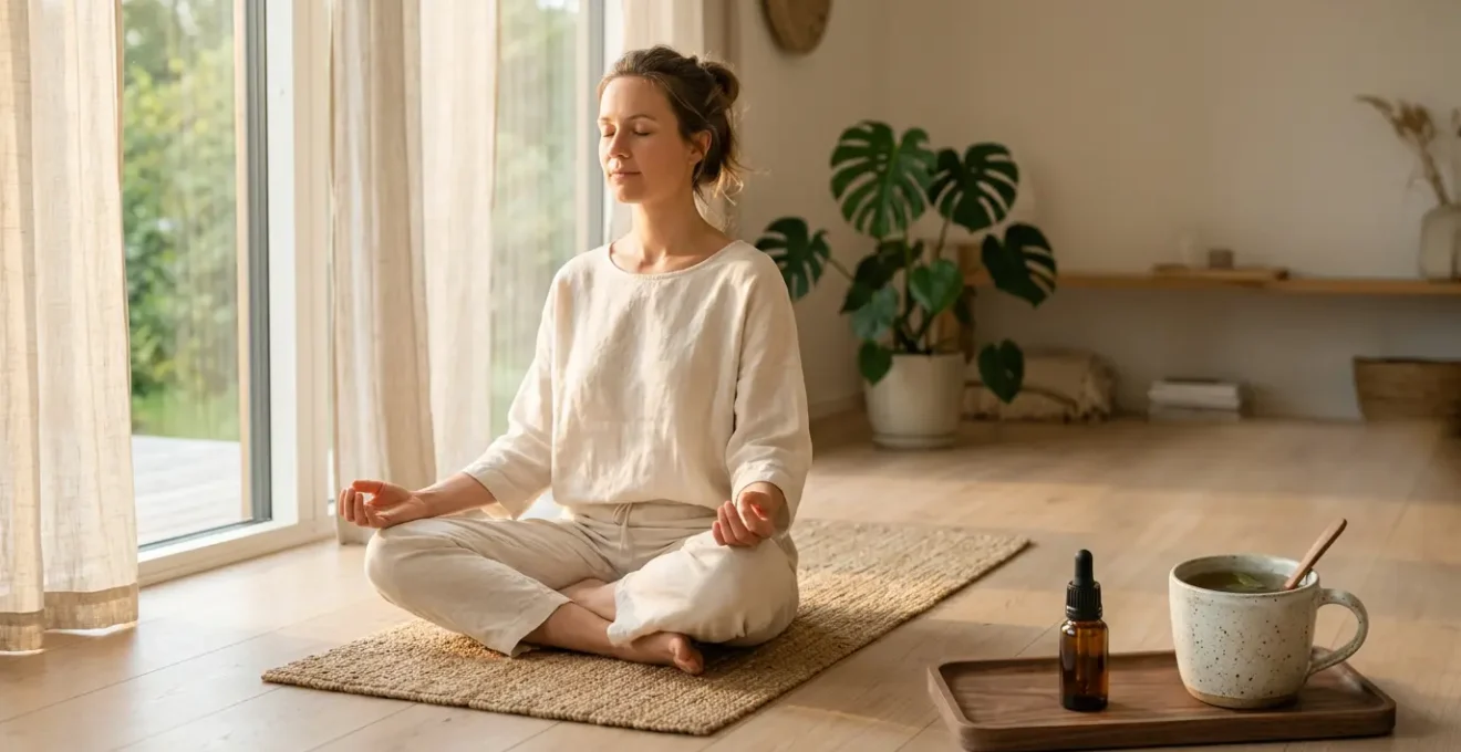 Personne en méditation matinale avec nature apaisante et éléments de bien-être naturel