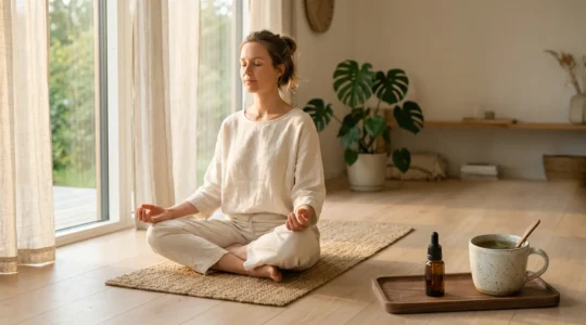 Personne en méditation matinale avec nature apaisante et éléments de bien-être naturel