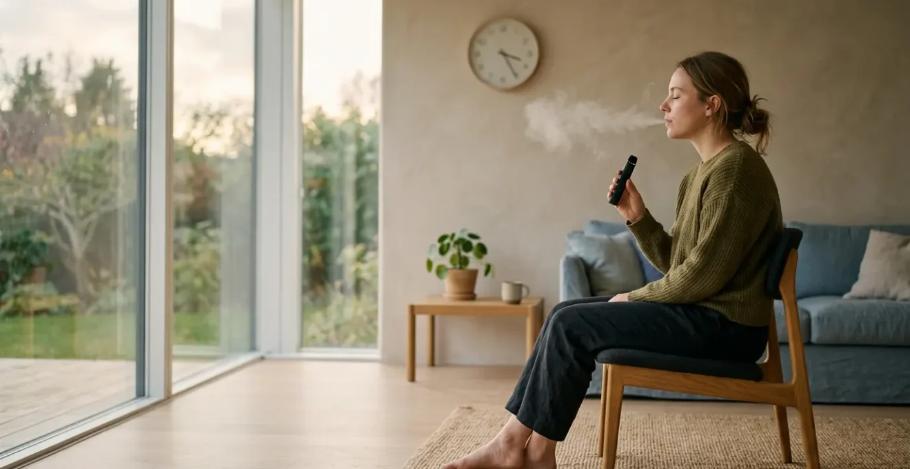 Personne détendue en train de vapoter dans un environnement calme avec horloge floue en arrière-plan