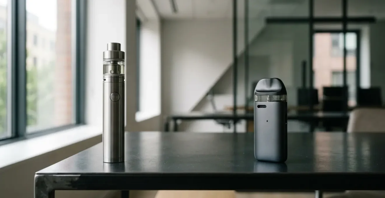Vue comparative d'une cigarette électronique tube métallique et d'un pod moderne posés sur un bureau professionnel