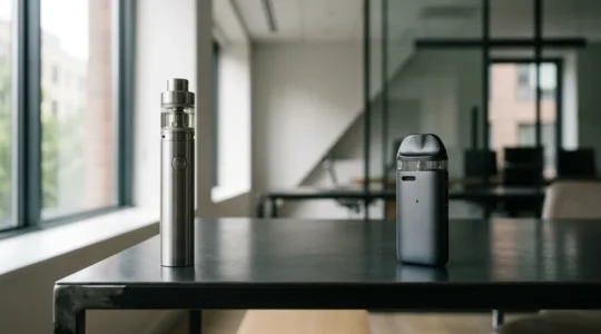 Vue comparative d'une cigarette électronique tube métallique et d'un pod moderne posés sur un bureau professionnel