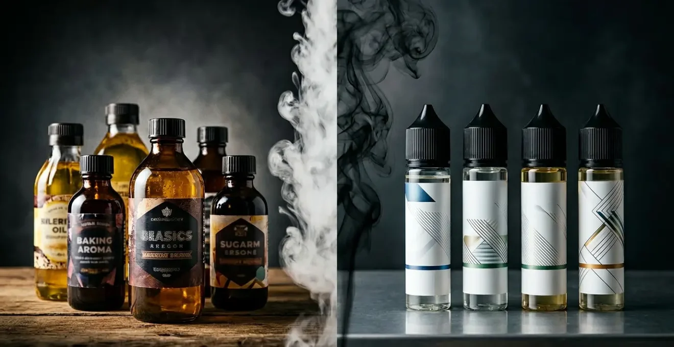 Comparaison visuelle entre arômes alimentaires de supermarché et arômes spécialisés pour cigarette électronique