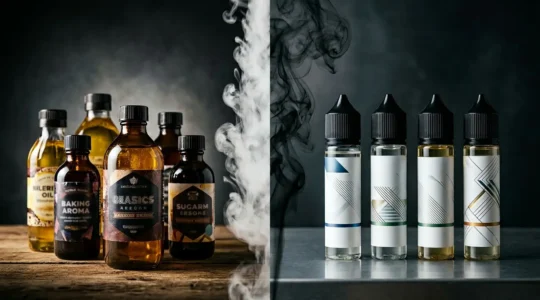 Comparaison visuelle entre arômes alimentaires de supermarché et arômes spécialisés pour cigarette électronique