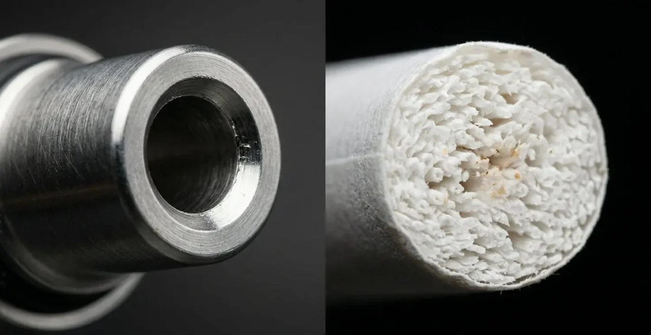 Photo macro comparant un drip-tip fin en métal et un embout de cigarette traditionnelle