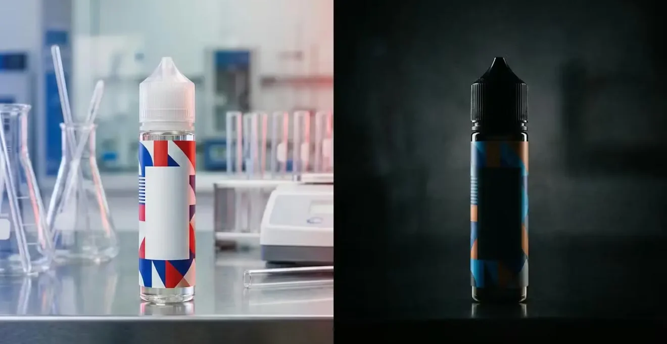 Comparaison visuelle entre vraie et fausse étiquette d'e-liquide français