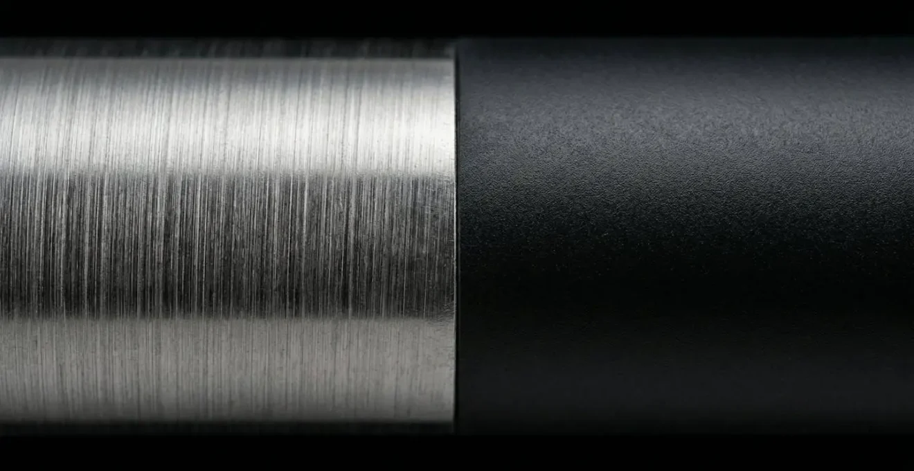 Gros plan macro sur les textures d'un tube en acier brossé et d'un tube en plastique