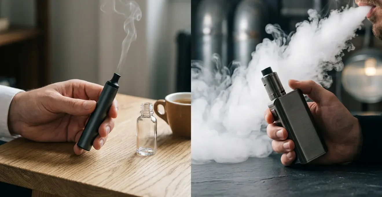 Comparaison visuelle entre les styles de vape MTL et DL avec vapeur et matériel
