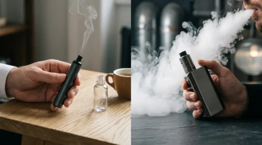 Comparaison visuelle entre les styles de vape MTL et DL avec vapeur et matériel