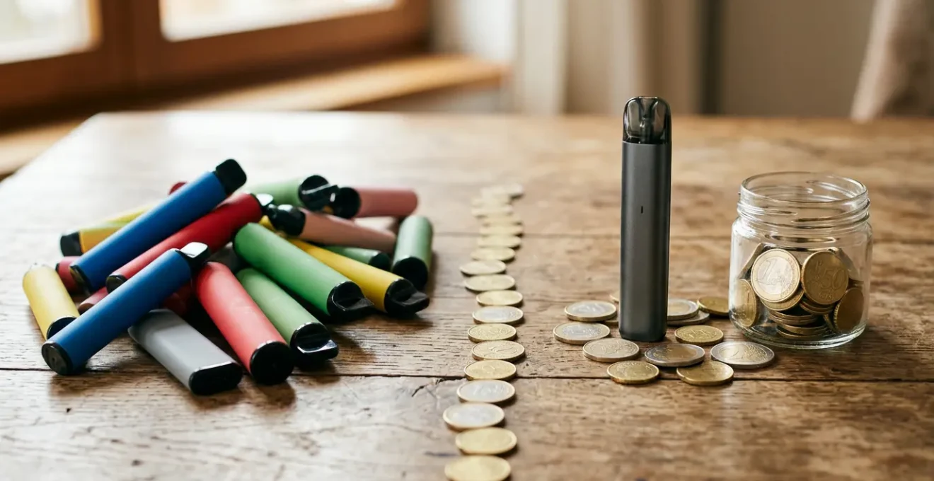 Comparaison visuelle entre une puff jetable colorée et un pod rechargeable moderne sur une table en bois avec des pièces d'euros éparpillées