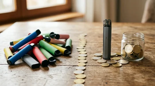 Comparaison visuelle entre une puff jetable colorée et un pod rechargeable moderne sur une table en bois avec des pièces d'euros éparpillées
