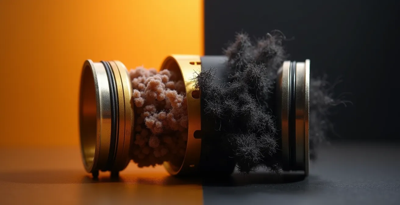 Comparaison visuelle entre une résistance encrassée par la glycérine et une résistance brûlée