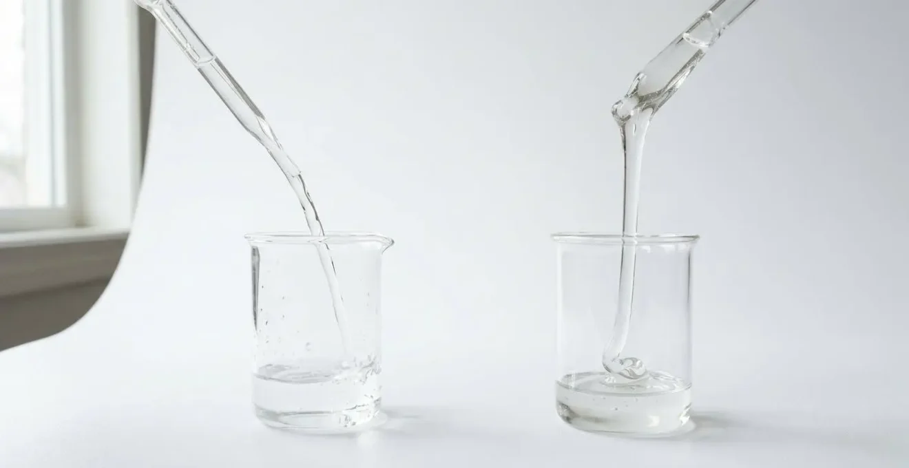 Comparaison visuelle de la viscosité entre liquides PG et VG dans des flacons transparents