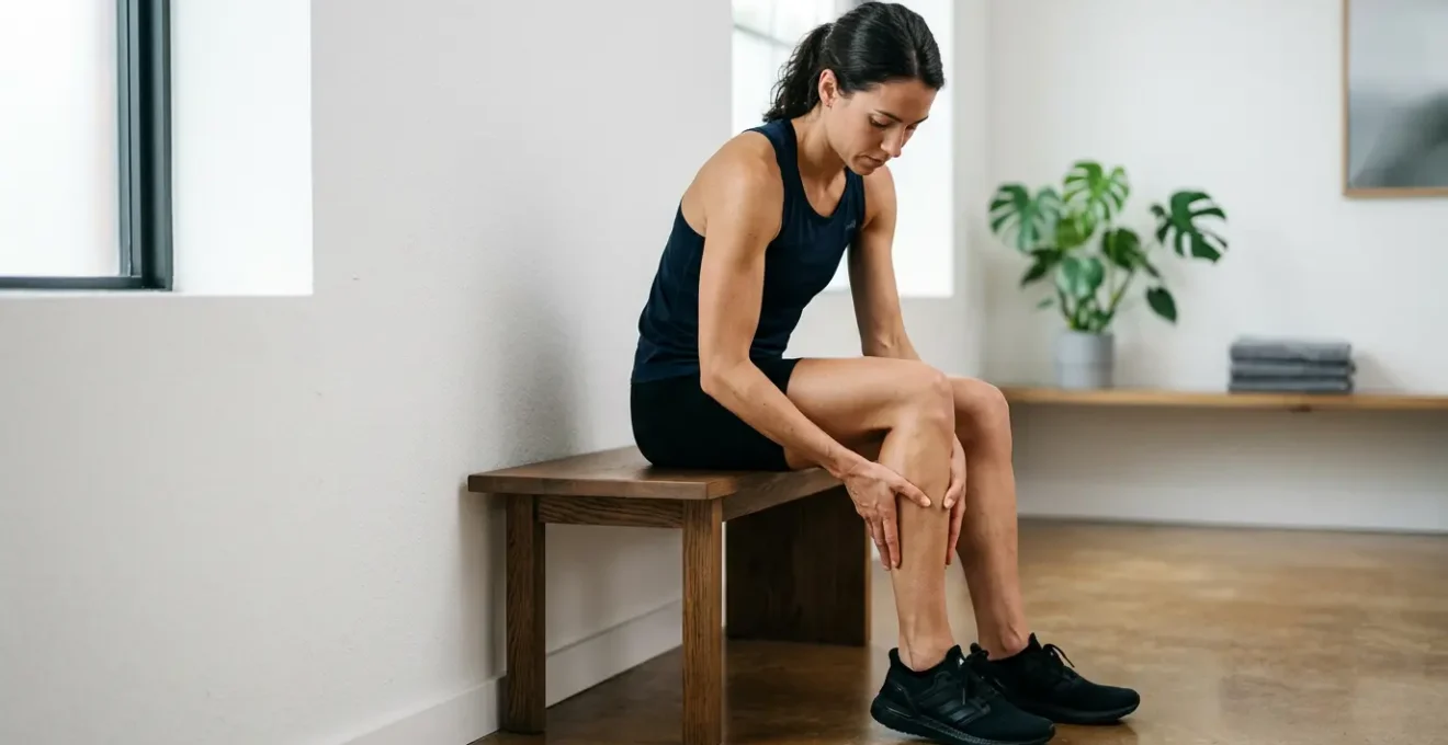 Athlète appliquant une crème CBD sur ses muscles après l'entraînement dans une atmosphère zen