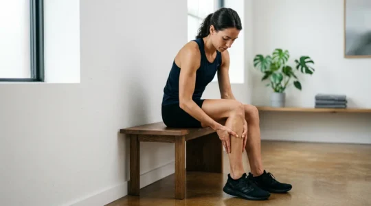 Athlète appliquant une crème CBD sur ses muscles après l'entraînement dans une atmosphère zen