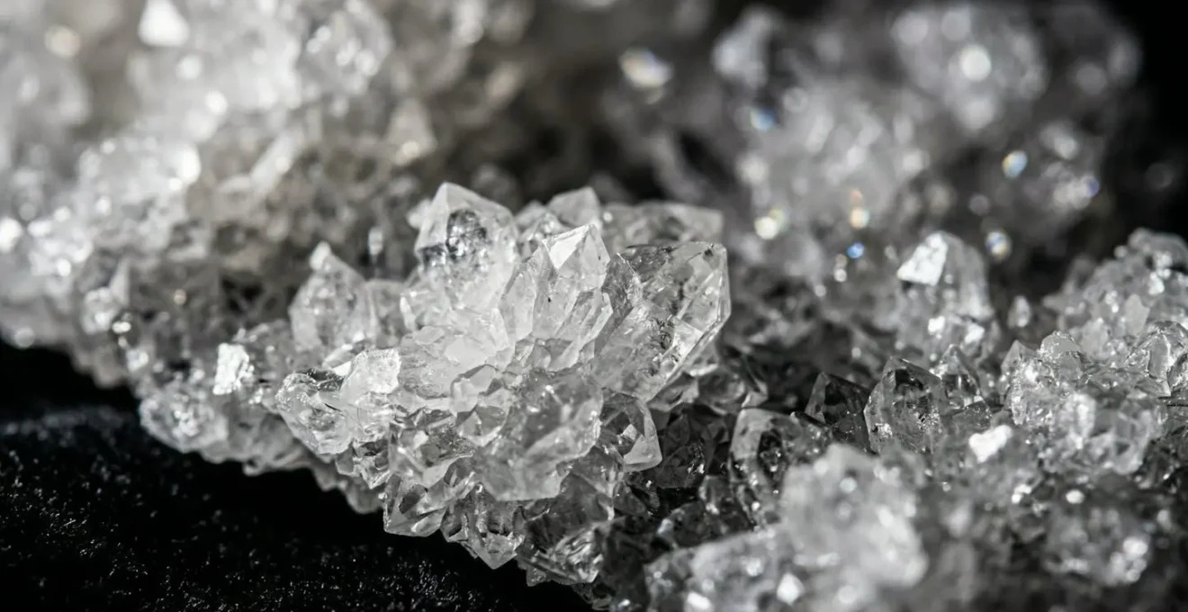 Cristaux de CBD purs à 99% photographiés en macro montrant la structure cristalline