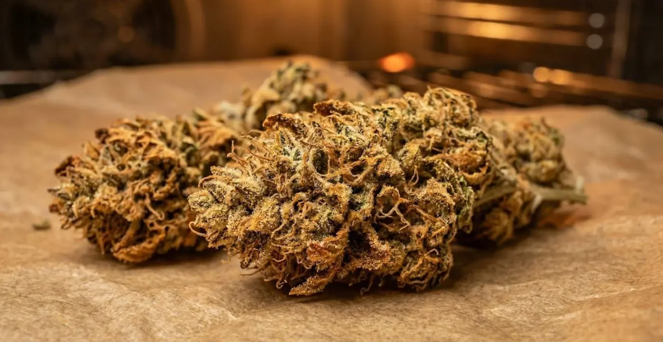 Fleurs de CBD dorées après décarboxylation au four sur plaque de cuisson
