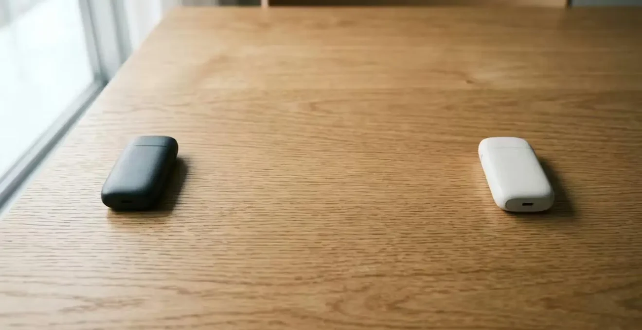 Deux pods distincts posés sur une surface en bois naturel