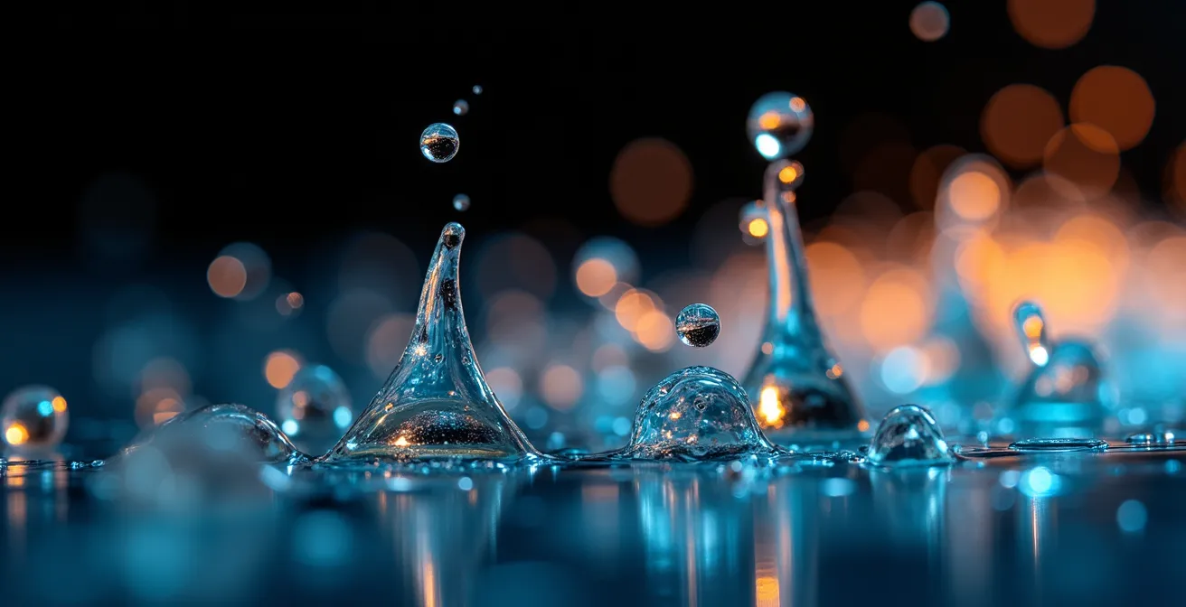 Vue macro de gouttelettes de vapeur en suspension avec jeu de lumière créant un effet temporel