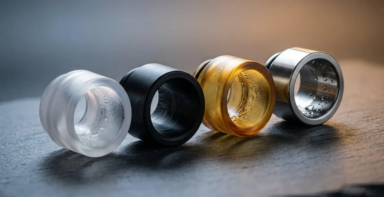 Alignement de drip-tips en différents matériaux avec condensation visible