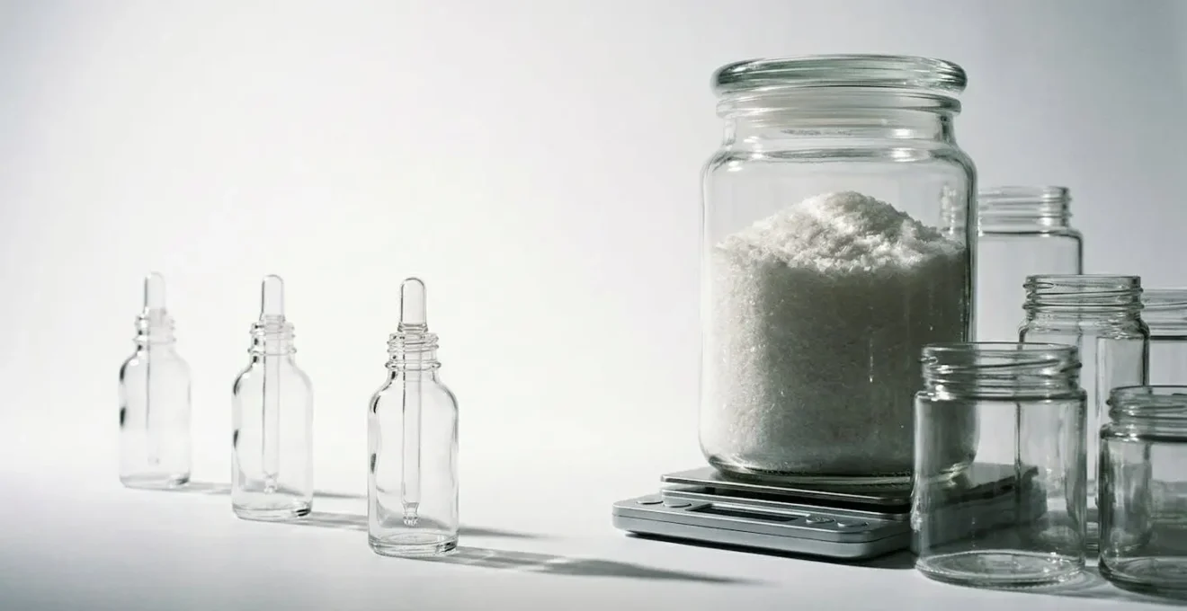Comparaison visuelle entre flacons de CBD commerciaux et matériel DIY avec cristaux