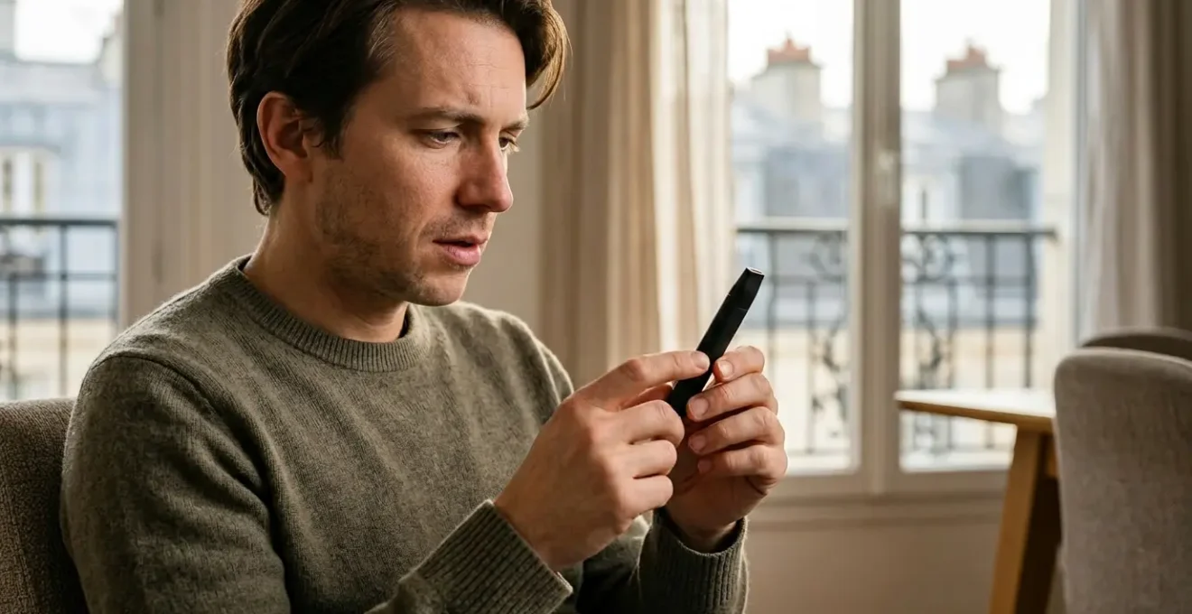 Portrait d'un vapoteur débutant face à sa première cigarette électronique dans un environnement français typique