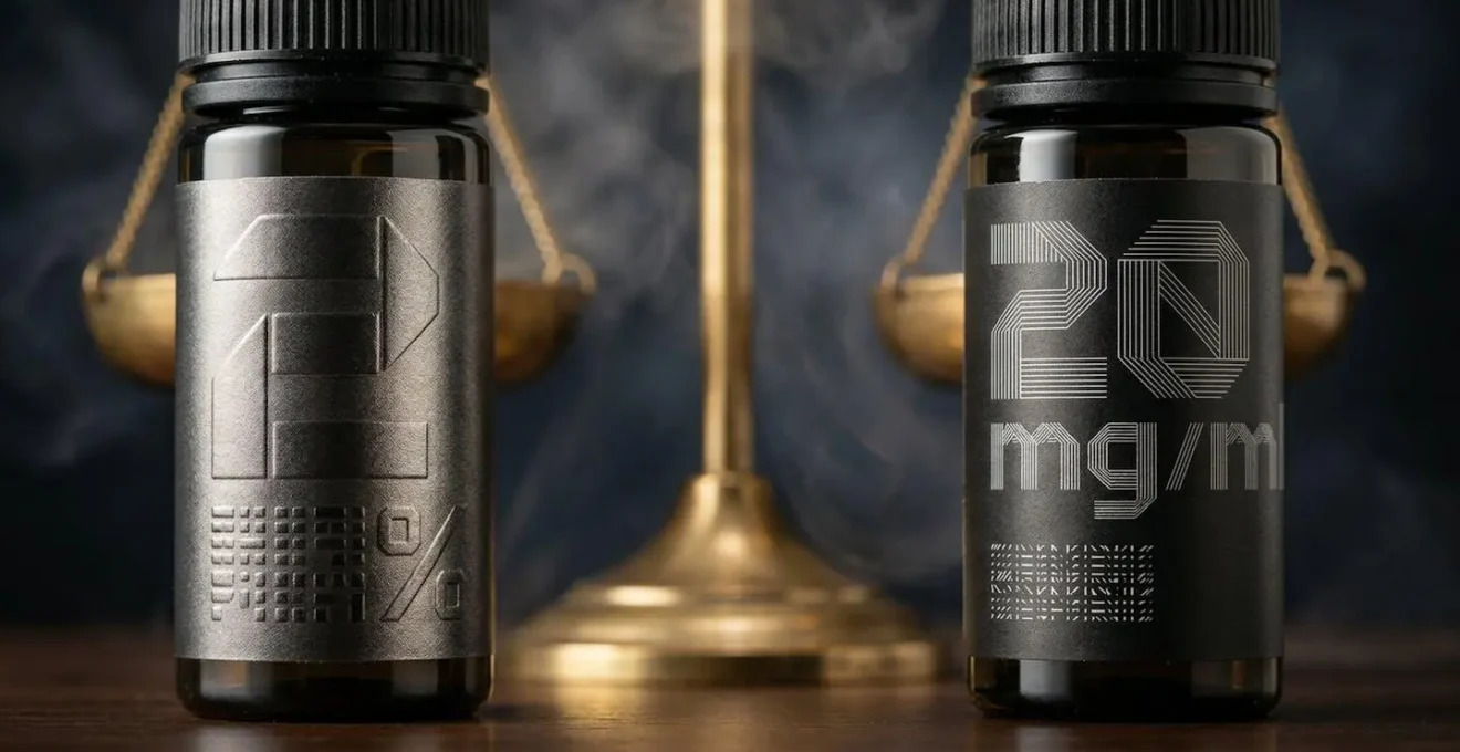 Gros plan sur deux étiquettes de produits de vape montrant 2% et 20mg avec une balance symbolique