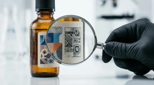Main experte analysant une étiquette d'e-liquide avec une loupe, certification AFNOR visible