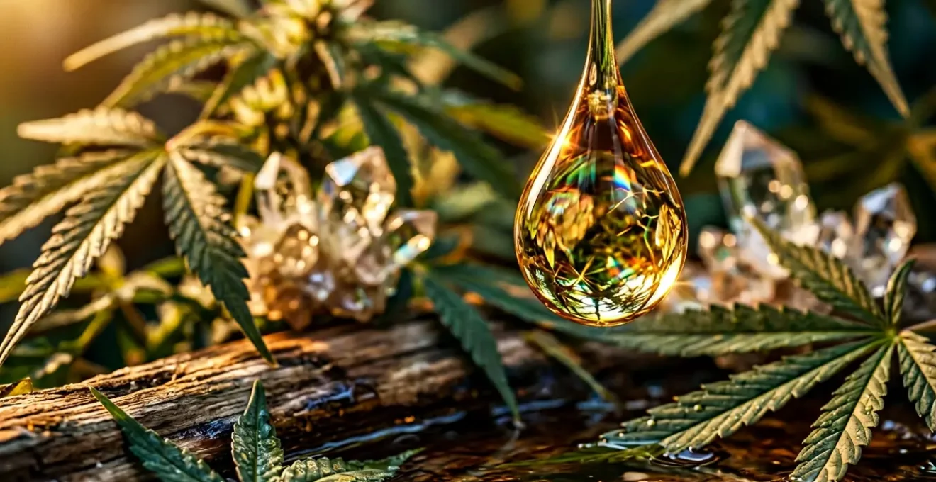 Composition artistique montrant la synergie moléculaire du CBD full spectrum avec effets d'entourage visibles