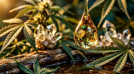 Composition artistique montrant la synergie moléculaire du CBD full spectrum avec effets d'entourage visibles