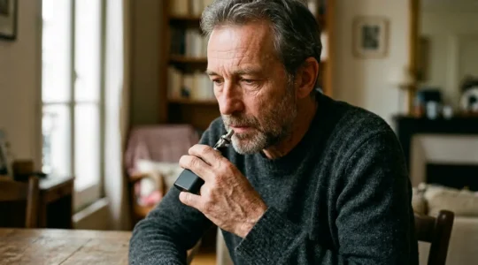 Portrait d'un homme d'âge mûr tenant une cigarette électronique compacte avec drip-tip fin, expression contemplative