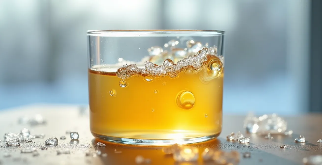 Flacon de glycérine végétale épaissie par le froid avec cristallisation visible