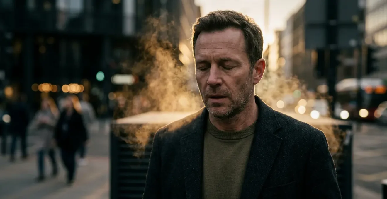 Un homme stressé entouré d'un nuage de vapeur dans un environnement urbain contemporain