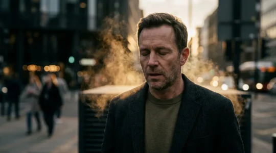 Un homme stressé entouré d'un nuage de vapeur dans un environnement urbain contemporain