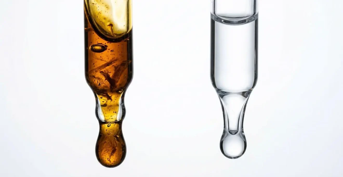 Comparaison visuelle entre huile CBD full spectrum épaisse et dorée versus isolat cristallin transparent