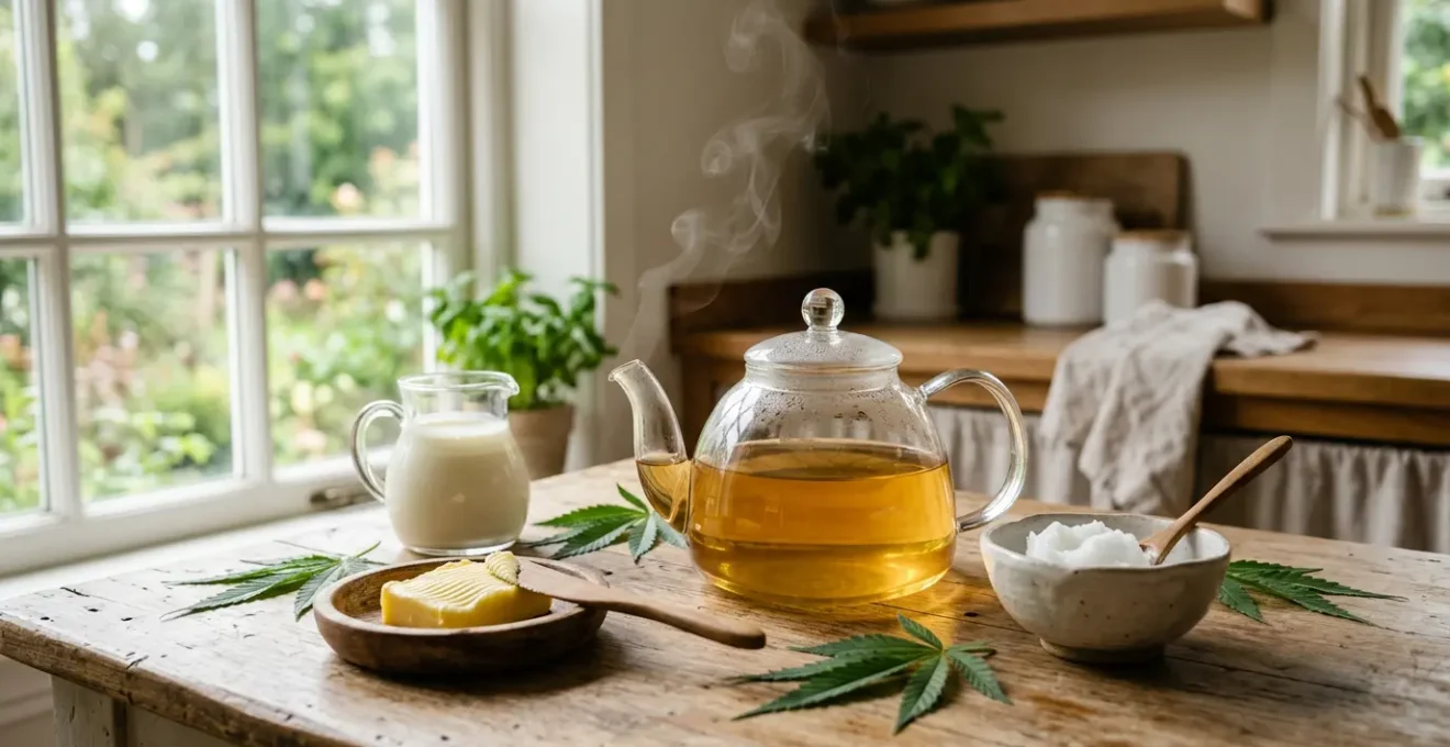 Préparation artisanale d'une infusion de CBD avec des corps gras naturels disposés harmonieusement